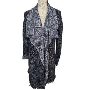 Lucky Brand Black White Geometric Fringe Open Front Cardigan Sweater Small